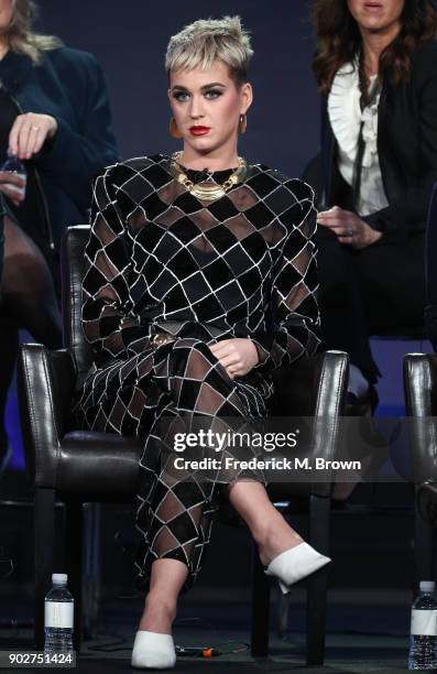 Judge Katy Perry of the television show American Idol speaks onstage during the ABC Television/Disney portion of the 2018 Winter Television Critics...