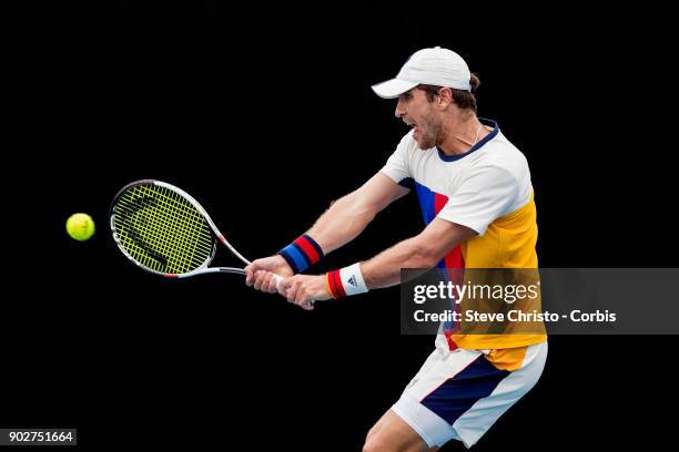 Mischa Zverev of Germany plays a backhand in his first round match against Leonardo Mayer of Argentina during day three of the 2018 Sydney...