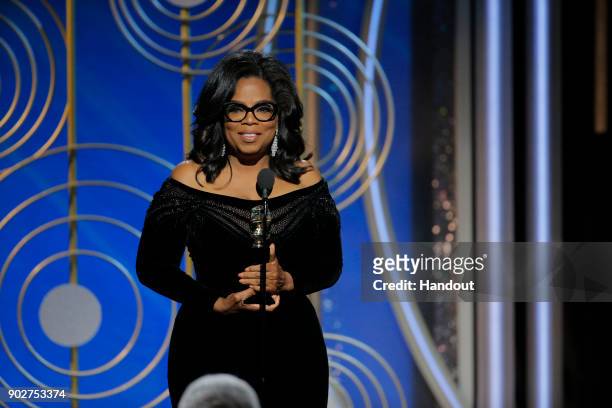 In this handout photo provided by NBCUniversal, Oprah Winfrey accepts the 2018 Cecil B. DeMille Award speaks onstage during the 75th Annual Golden...