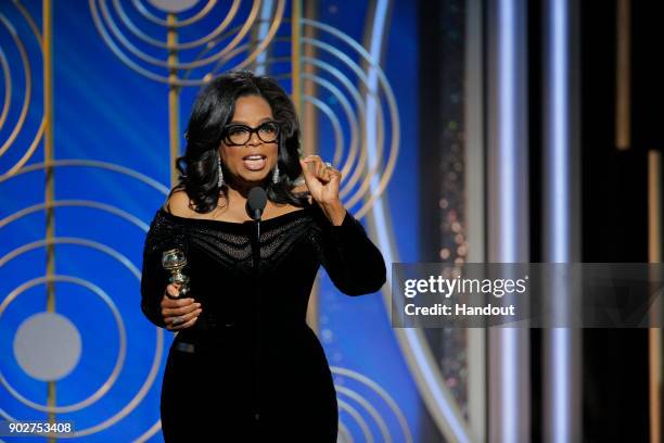 In this handout photo provided by NBCUniversal, Oprah Winfrey accepts the 2018 Cecil B. DeMille Award speaks onstage during the 75th Annual Golden...