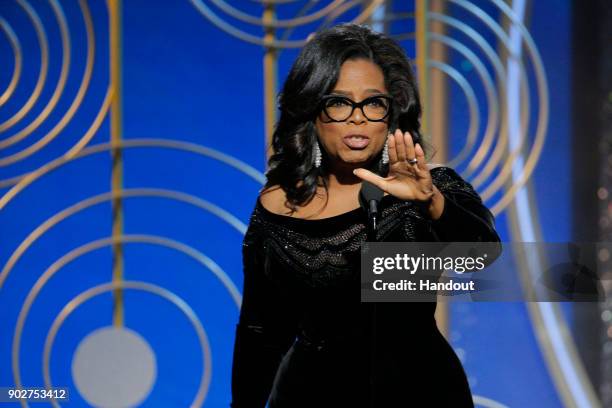 In this handout photo provided by NBCUniversal, Oprah Winfrey accepts the 2018 Cecil B. DeMille Award speaks onstage during the 75th Annual Golden...