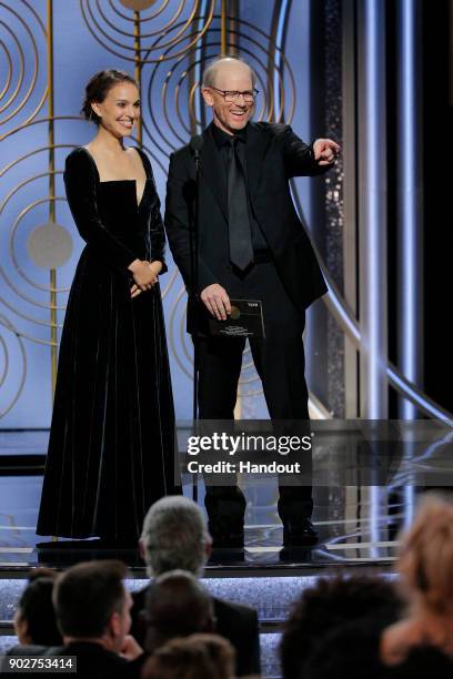 In this handout photo provided by NBCUniversal, Presenters Natalie Portman and Ron Howard speak onstage during the 75th Annual Golden Globe Awards at...