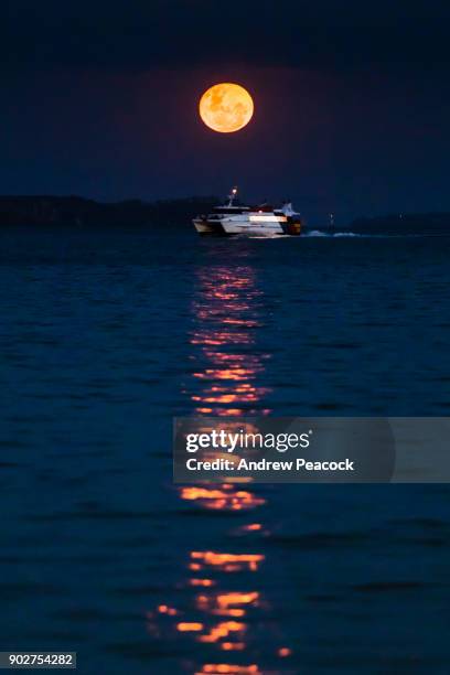 a ferry passes in front of a rising full moon in the harbor - auckland ferry stock pictures, royalty-free photos & images