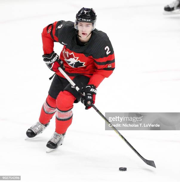 Jake Bean of Canada skates the puck against Sweden during the first period of play in the IIHF World Junior Championships Gold Medal game at KeyBank...