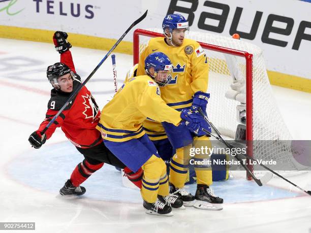 Dillon Dubé of Canada celebrates his goal against Sweden during the second period of play in the IIHF World Junior Championships Gold Medal game at...