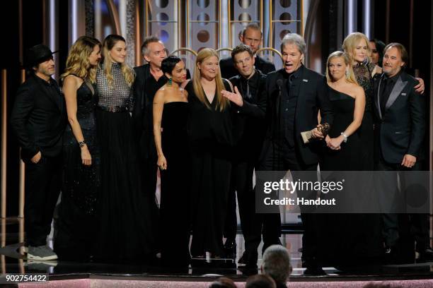 In this handout photo provided by NBCUniversal, David E. Kelley accepts the award for Best Television Limited Series or Motion Picture Made for...