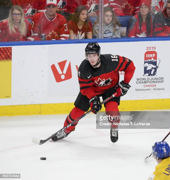 Taylor Raddysh of Canada skates the puck against Sweden during the second period of play in the IIHF World Junior Championships Gold Medal game at...