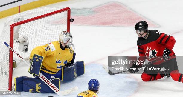 Taylor Raddysh of Canada hits the goalpost behind Filip Gustavsson of Sweden during the third period of play in the IIHF World Junior Championships...