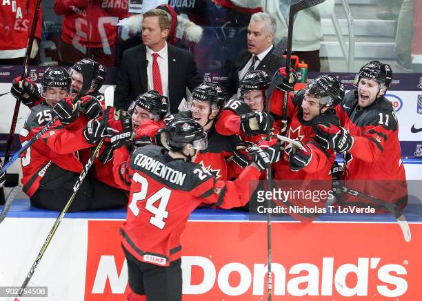 Alex Formenton of Canada celebrates his empty net goal which sealed a 3-1 win for Canada during the third period of play in the IIHF World Junior...
