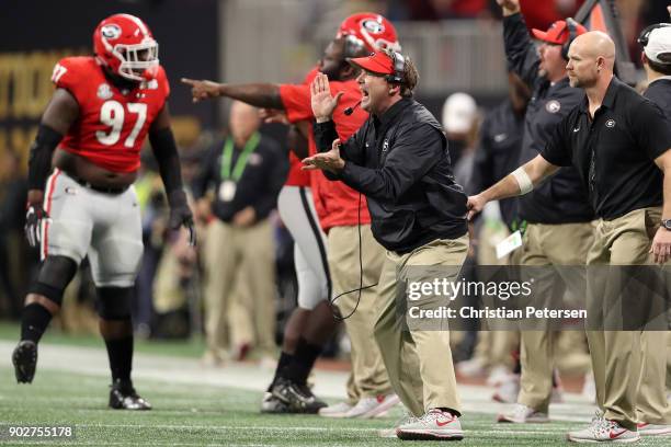 Head coach Kirby Smart of the Georgia Bulldogs reacts to a play during the second quarter against the Alabama Crimson Tide in the CFP National...