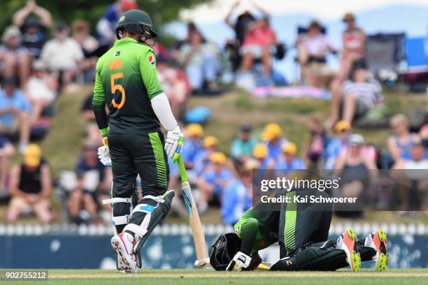 Shadab Khan of Pakistan celebrates his half century during the second match in the One Day International series between New Zealand and Pakistan at...