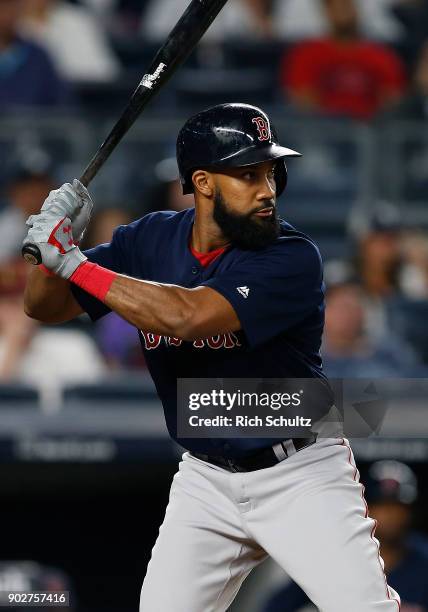 Chris Young of the Boston Red Sox in action against the New York Yankees in a game at Yankee Stadium on August 31, 2017 in the Bronx borough of New...