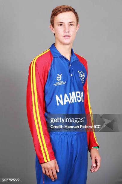 Lohan Louwrens poses during the Namibia ICC U19 Cricket World Cup Headshots Session at Rydges Christchurch on January 9, 2018 in Christchurch, New...