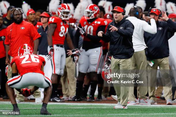 Head coach Kirby Smart of the Georgia Bulldogs reacts to a play during the second quarter against the Alabama Crimson Tide in the CFP National...