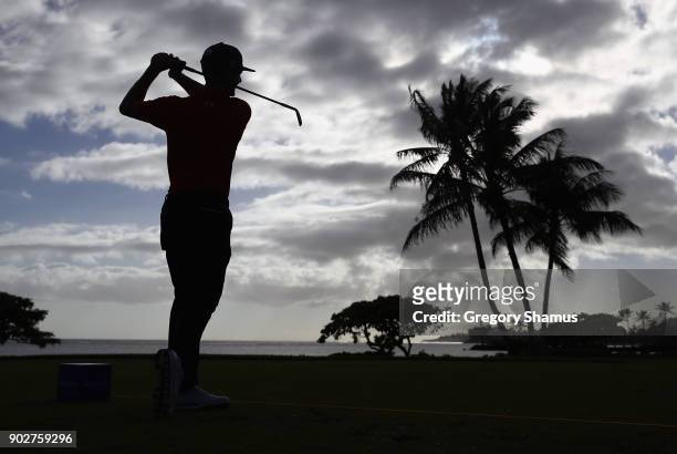 Blayne Barber of the United States plays a shot during practice rounds prior to the Sony Open In Hawaii at Waialae Country Club on January 8, 2018 in...