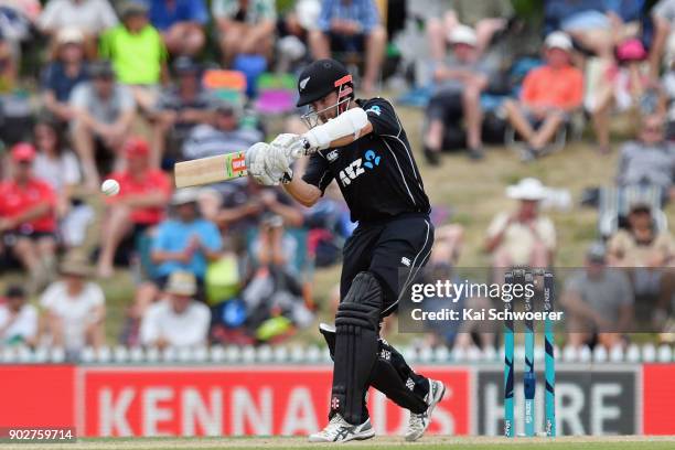 Kane Williamson of New Zealand bats during the second match in the One Day International series between New Zealand and Pakistan at Saxton Field on...