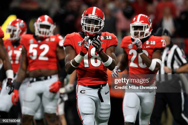 Deandre Baker of the Georgia Bulldogs celebrates a play during the second quarter against the Alabama Crimson Tide in the CFP National Championship...