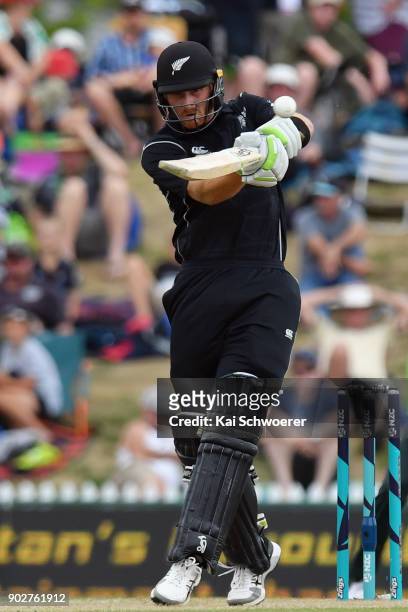 Martin Guptill of New Zealand bats during the second match in the One Day International series between New Zealand and Pakistan at Saxton Field on...