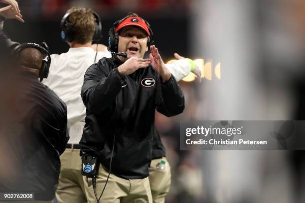 Head coach Kirby Smart of the Georgia Bulldogs calls a time out during the second quarter against the Alabama Crimson Tide in the CFP National...