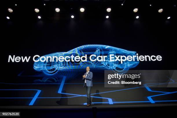 Tim Baxter, president and chief executive officer of Samsung Electronics America Inc., speaks during the company's press conference at the 2018...