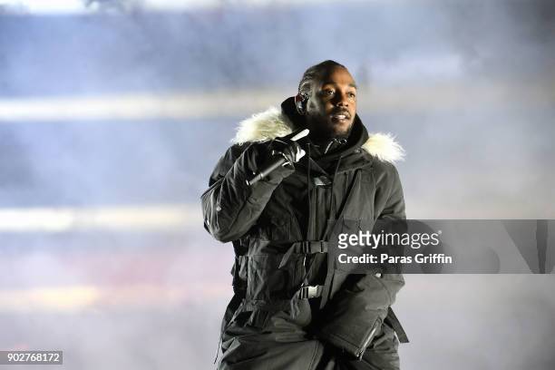 Rapper Kendrick Lamar performs during half time during 2018 College Football Playoff National Championship Game at Centennial Olympic Park on January...