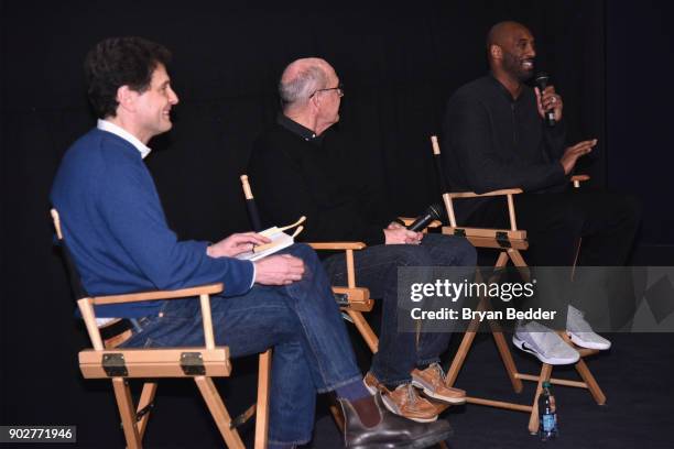 Charles Melcher, Glen Keane, and Kobe Bryant speak during the "Dear Basketball" screening and Q&A at The Landmark at 57 West on January 8, 2018 in...