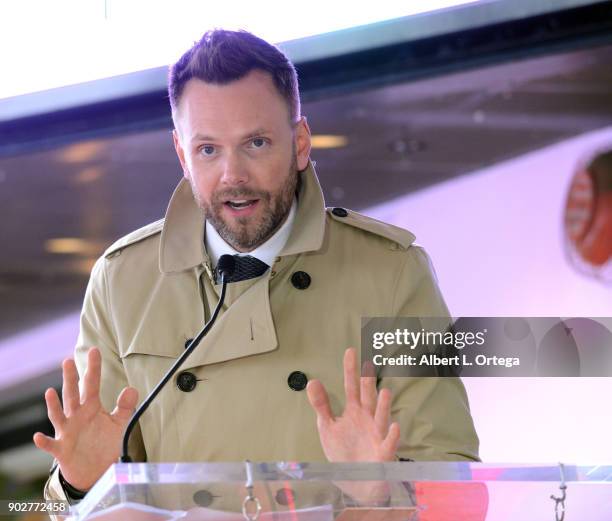 Actor Joel McHale speaks at Gillian Anderson's star ceremony on The Hollywood Walk of Fame on January 8, 2018 in Hollywood, California.