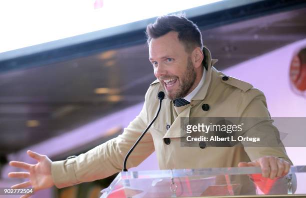 Actor Joel McHale speaks at Gillian Anderson's star ceremony on The Hollywood Walk of Fame on January 8, 2018 in Hollywood, California.