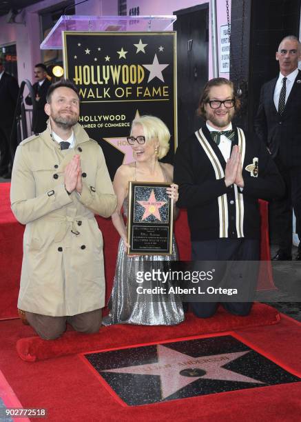 Actor Joel McHale, actress Gillian ANderson and writer Bryan Fuller at her star ceremony on The Hollywood Walk of Fame on January 8, 2018 in...