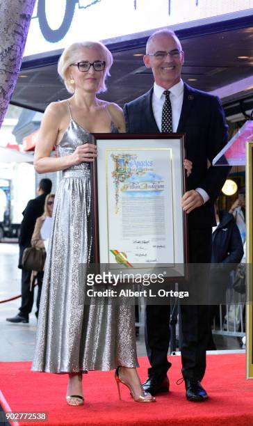 Actress Gillian Anderson and LA City Councilman Mitch O'Farrell at her star ceremony on The Hollywood Walk of Fame on January 8, 2018 in Hollywood,...