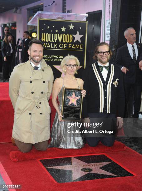 Actor Joel McHale, actress Gillian ANderson and writer Bryan Fuller at her star ceremony on The Hollywood Walk of Fame on January 8, 2018 in...