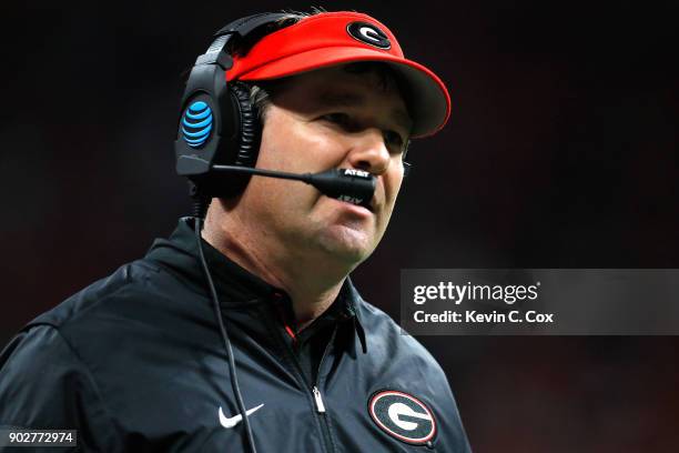 Head coach Kirby Smart of the Georgia Bulldogs looks on during the third quarter against the Alabama Crimson Tide in the CFP National Championship...