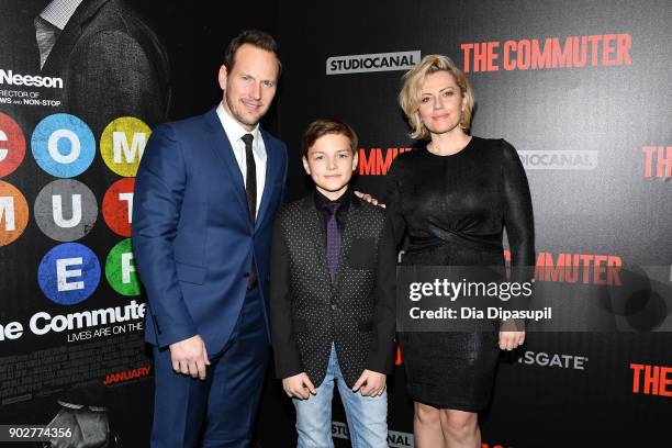 Patrick Wilson, Kalin Patrick WIlson, and Dagmara Dominczyk attend "The Commuter" New York premiere at AMC Loews Lincoln Square on January 8, 2018 in...