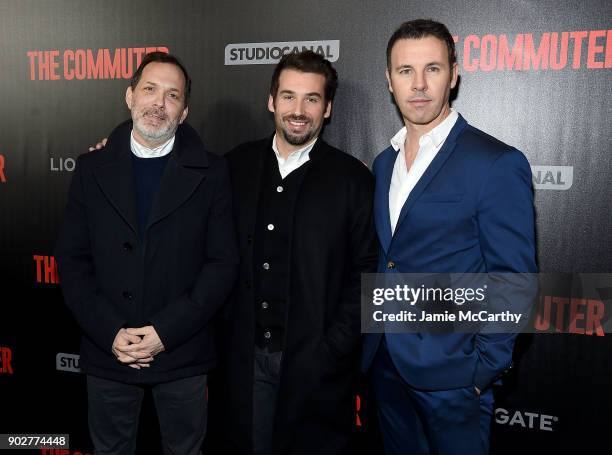 Producers Andrew Rona, Alex Heineman and Juan Sola attend the "The Commuter" New York Premiere at AMC Loews Lincoln Square on January 8, 2018 in New...