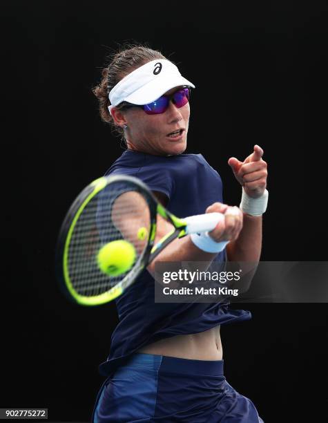 Samantha Stosur of Australia plays a forehand in her 1st round match against Carina Witthoeft of Germany during day three of the 2018 Sydney...