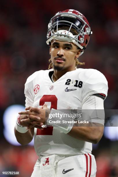 Jalen Hurts of the Alabama Crimson Tide stands on the sidelines during the second half against the Georgia Bulldogs in the CFP National Championship...