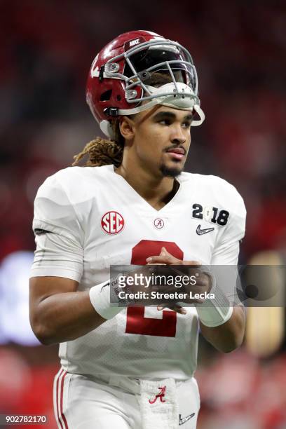 Jalen Hurts of the Alabama Crimson Tide stands on the sidelines during the second half against the Georgia Bulldogs in the CFP National Championship...
