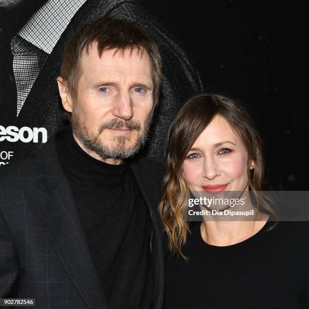 Liam Neeson and Vera Farmiga attend "The Commuter" New York premiere at AMC Loews Lincoln Square on January 8, 2018 in New York City.