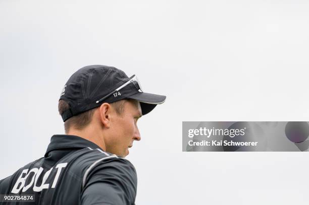 Trent Boult of New Zealand looks on during the second match in the One Day International series between New Zealand and Pakistan at Saxton Field on...