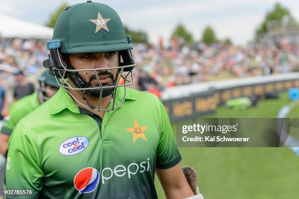 Azhar Ali of Pakistan walks out to bat during the second match in the One Day International series between New Zealand and Pakistan at Saxton Field...