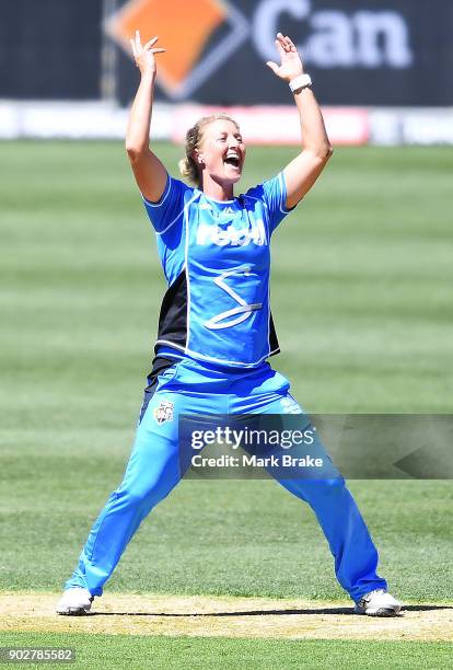 Sophie Devine of the Adelaide Strikers celebrates after taking the wicket of Erin Osborne of the Melbourne Stars during the Women's Big Bash League...