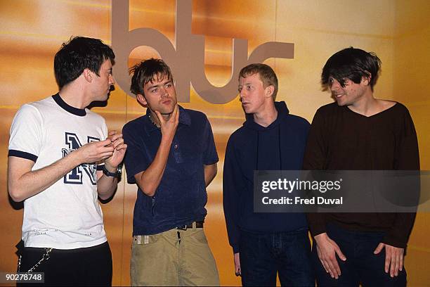 Blur's Graham Coxon, Damon Albarn, Dave Rowntree and Alex James at album launch on February 1, 1997 in London.