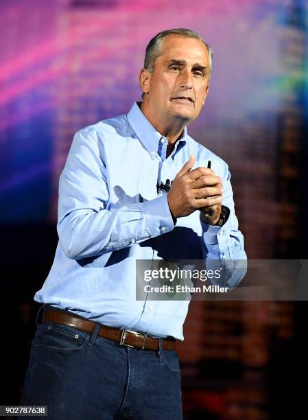 Intel Corp. CEO Brian Krzanich delivers a keynote address at CES 2018 at Park Theater at Monte Carlo Resort and Casino in Las Vegas on January 8,...