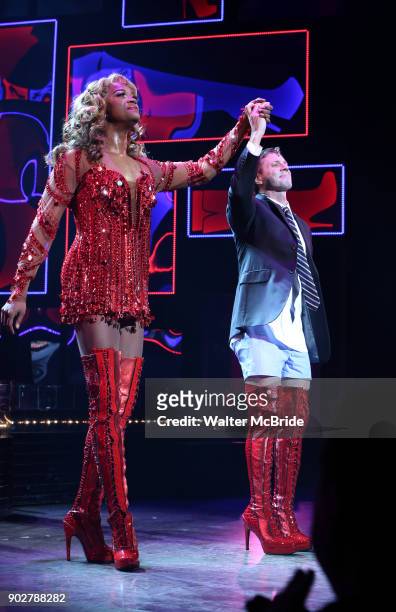 Harrison Ghee with Scissor Sisters frontman Jake Shears takes his curtain call bows during his Broadway Debut In "Kinky Boots" at the Al Hirschfeld...