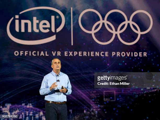 Intel Corp. CEO Brian Krzanich delivers a keynote address at CES 2018 at Park Theater at Monte Carlo Resort and Casino in Las Vegas on January 8,...