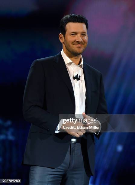 Sports analyst Tony Romo speaks during a keynote address by Intel Corp. CEO Brian Krzanich at CES 2018 at Park Theater at Monte Carlo Resort and...