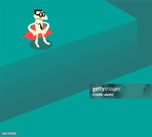 super business man standing with hand on hip at the edge of the cliff gap, planning (thinking) how to cross it - leading edge stock illustrations