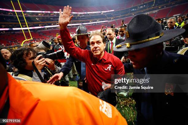 Head coach Nick Saban of the Alabama Crimson Tide celebrates beating the Georgia Bulldogs in overtime to win the CFP National Championship presented...