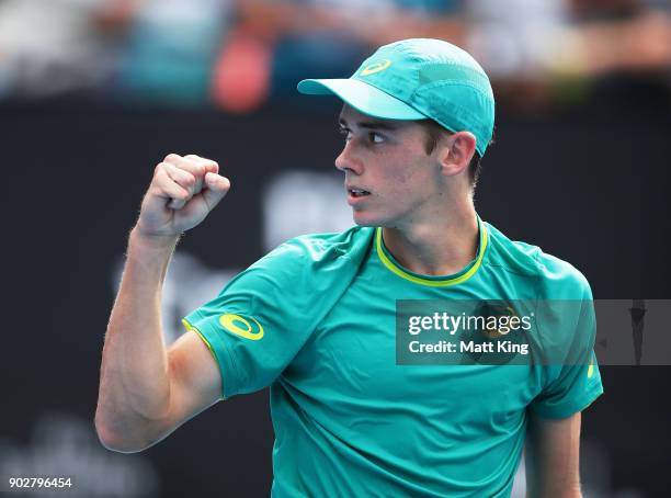 Alex De Minaur of Australia celebrates winning match point in his 1st round match against Fernando Verdasco of Spain during day three of the 2018...