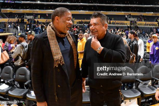 Norm Nixon and George Lopez attend the game between the Oklahoma City Thunder and the Los Angeles Lakers on January 3, 2018 at STAPLES Center in Los...